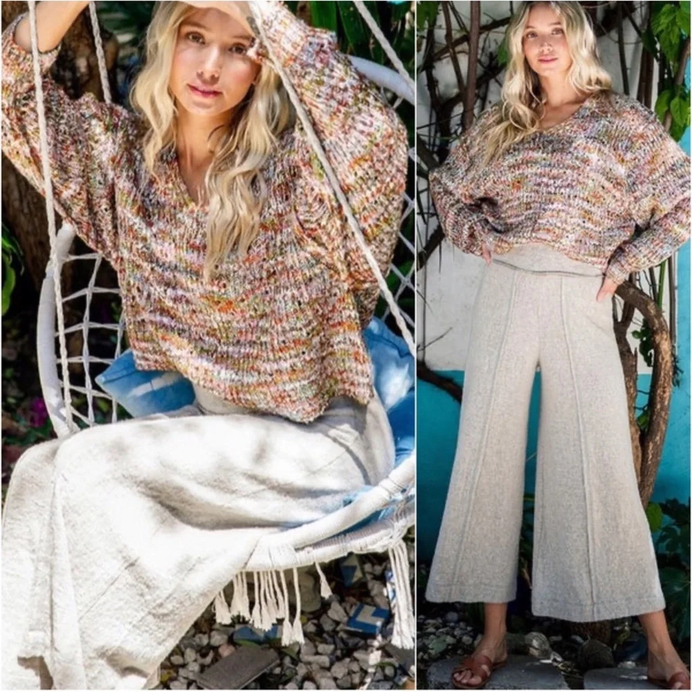 1 LEFT! Women's Multi Colored Knit Fall Vneck Fall Trendy Sweater - Picture 6 of 6